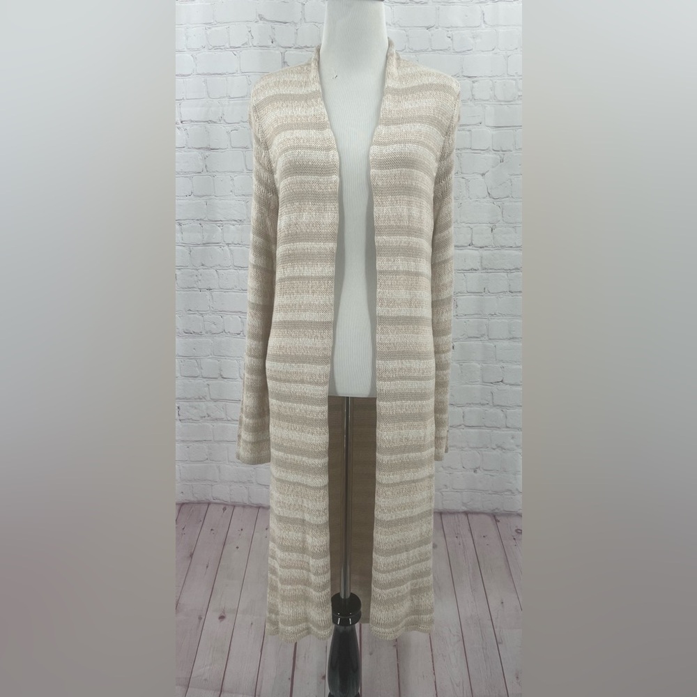 Chicos 0 Kennedy Striped Long Cardigan Sweater Duster Earth Tones Neutral S 4